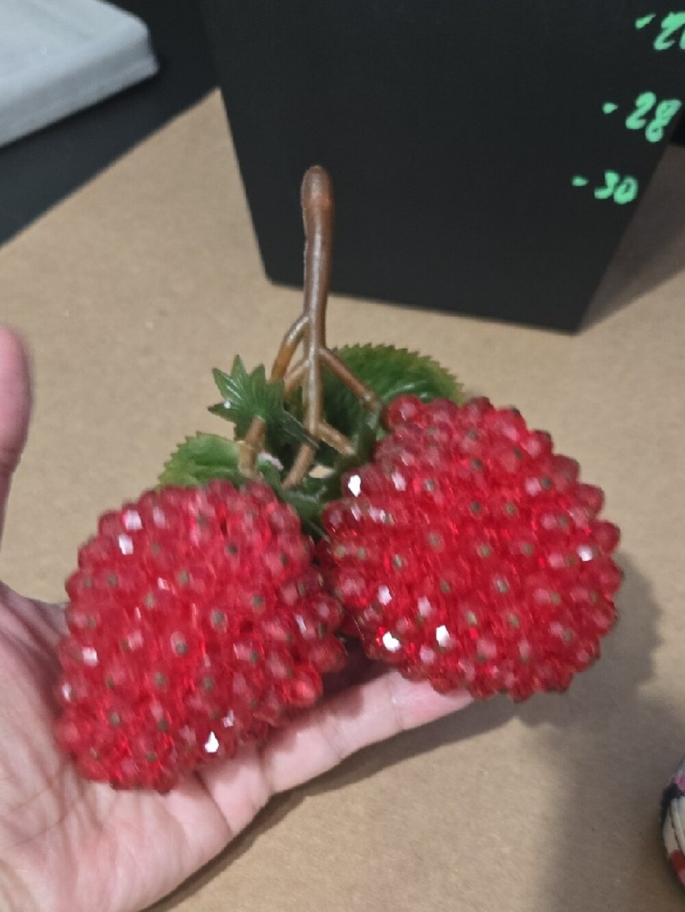 Vintage Red Faceted Lucite Strawberry with Green Leaves - Picture 3 of 5